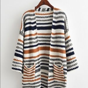 Striped Textured Knit Longline Cardigan Sweater